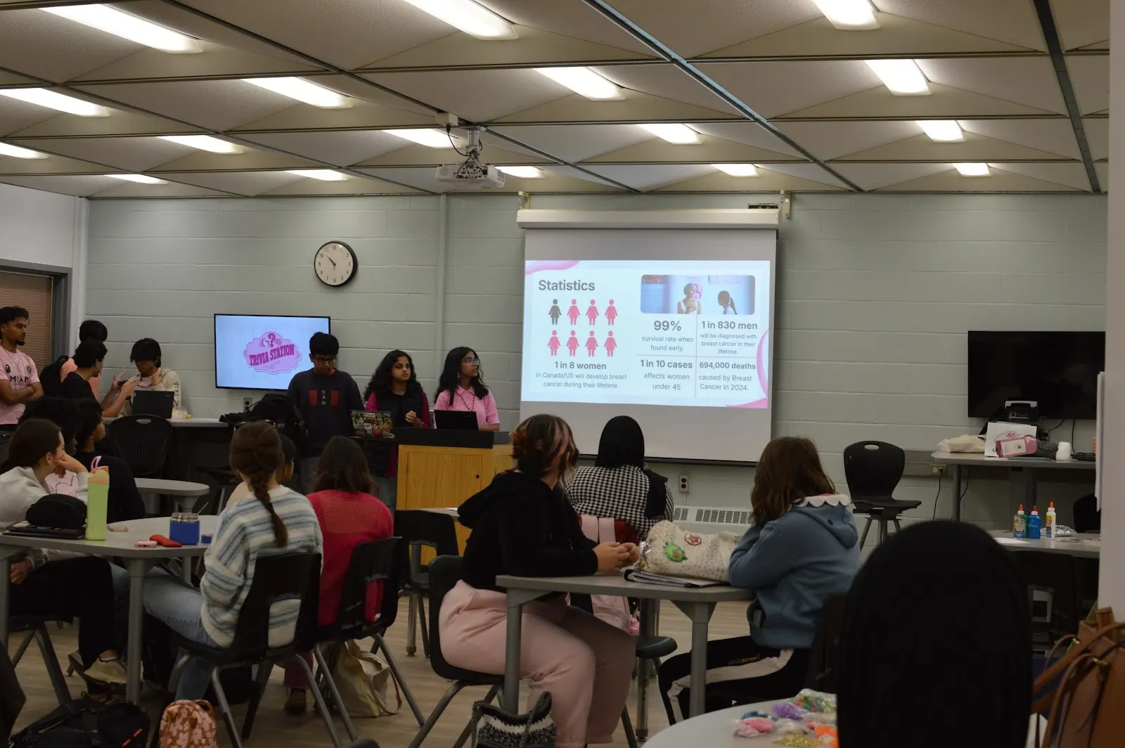 A full room of students watching a presentation on breast cancer statistics